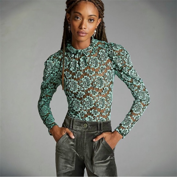 dolan Tops - Anthropologie Dolan Left Coast Sheer Lace Mock Neck Long Sleeve Top Green XS